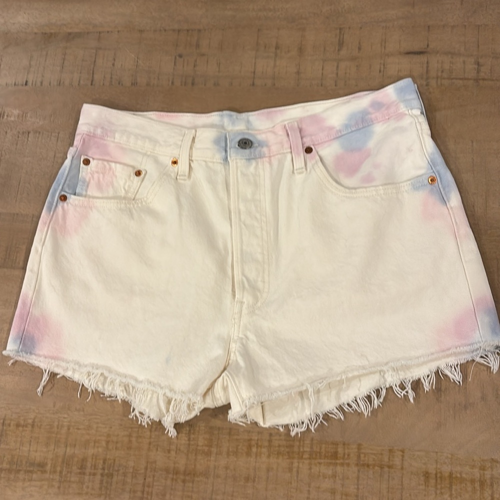Levi’s 501 Denim Jean Shorts Cutoff Pink and Blue Tie-Dye Size 33 - Picture 2 of 7